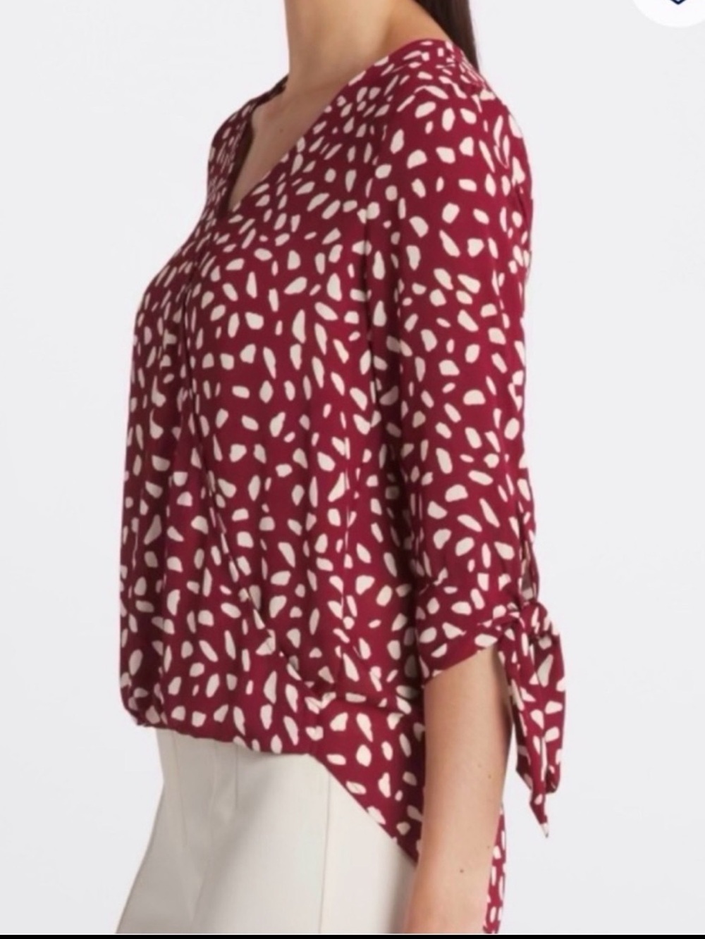 Burgundy V Neck Faux Wrap Blouse Tie Sleeve 3/4 Work Top XL Stitch Fix Fall Top